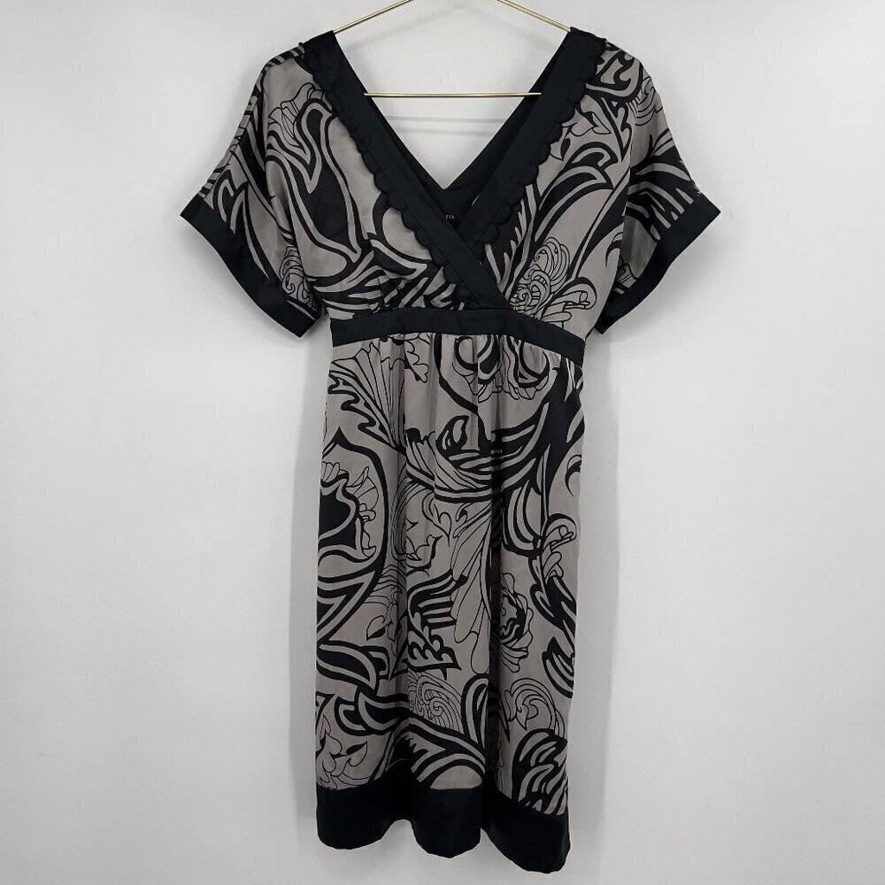 Ted Baker London Cocktail Black Gray Silk V-Neck Short Sleeve Tie-Back Dress 2